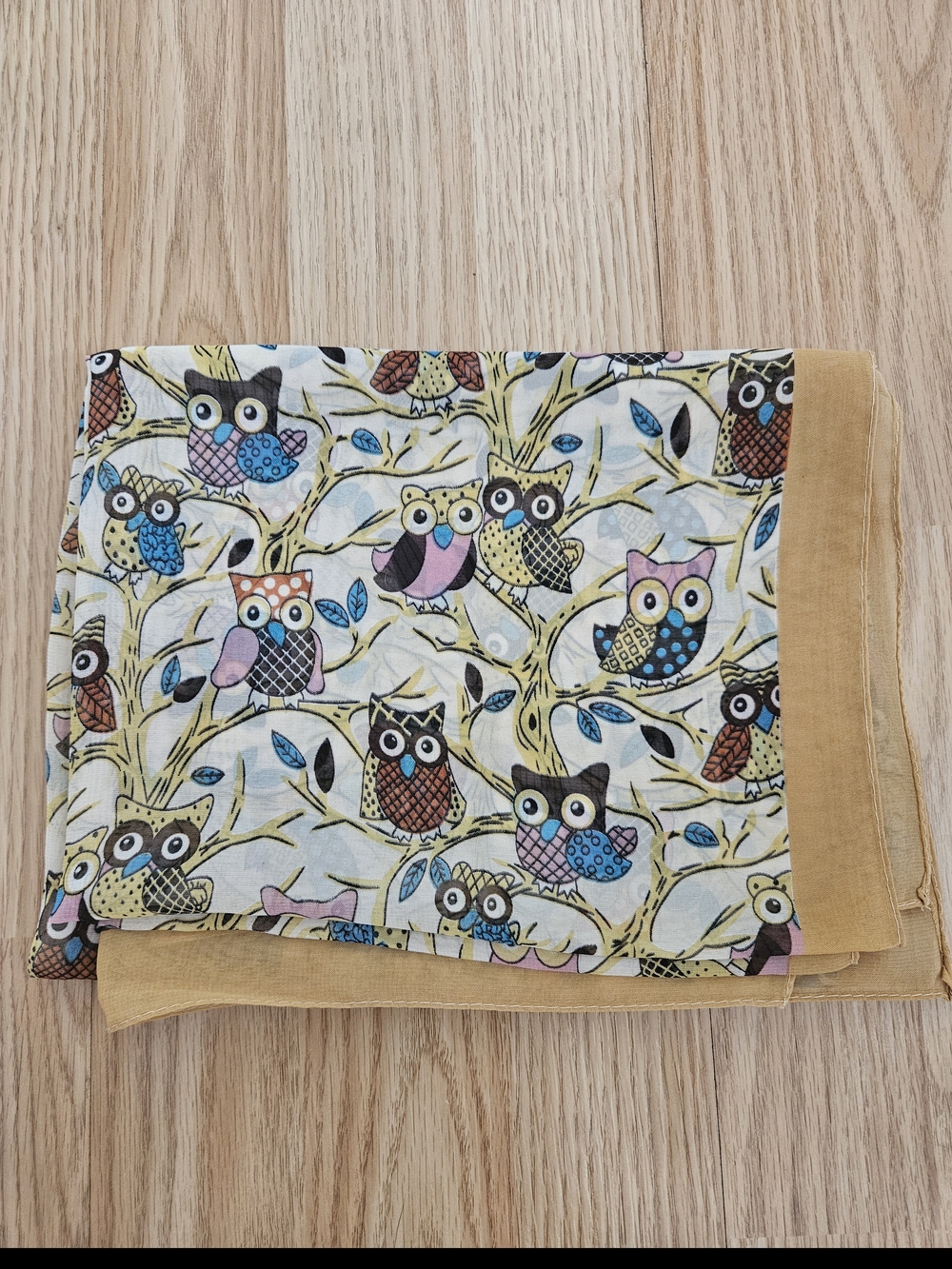 Playful Multicolor Owl Oblong Scarf With Mustard Gold Border